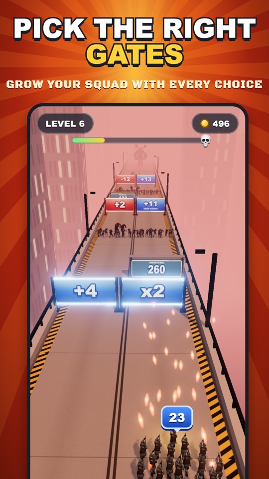 Gameplay: a squad runs toward two gates marked +4 and ×2 on a city bridge